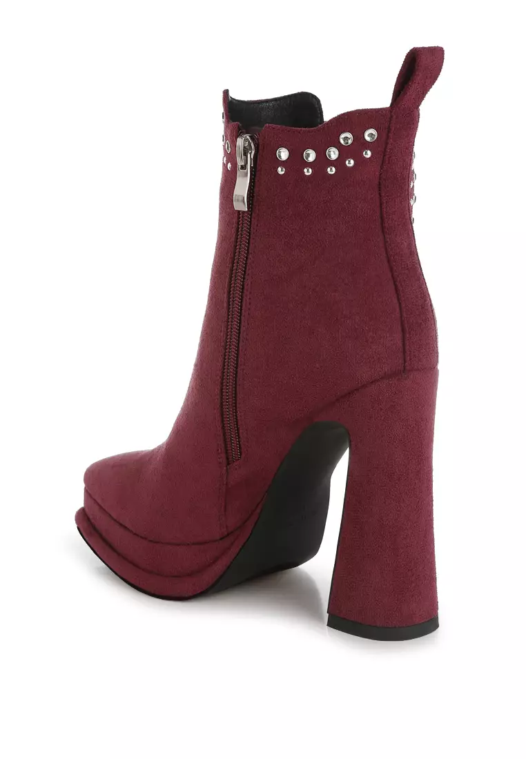 Studs Embellished High Ankle Boots in Burgundy