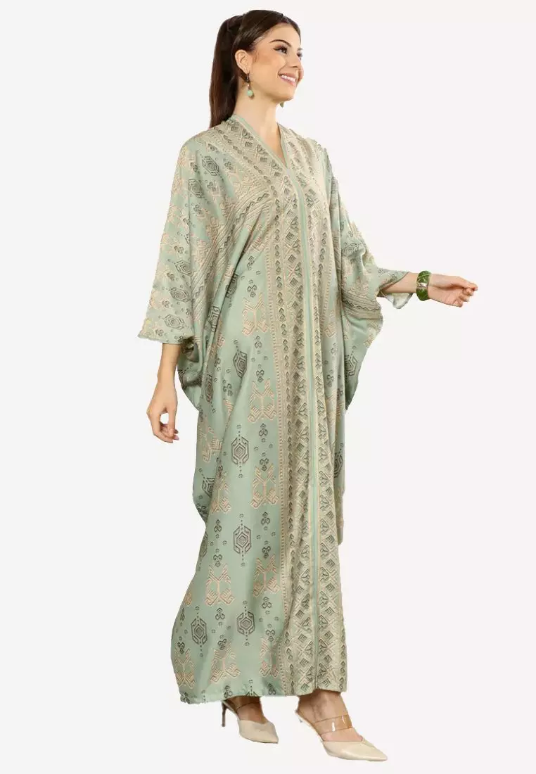 Kanzi Exclusive Long Sleeve Smokey Green Tapis Kaftan