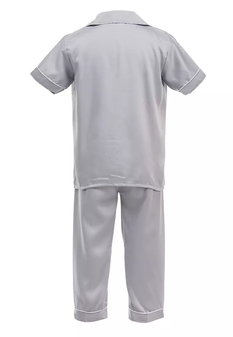 Joyce Piyama Anak Unisex Lengan Pendek Kids Pajamas Motif Polos Material Satin ORIGINAL - Gray