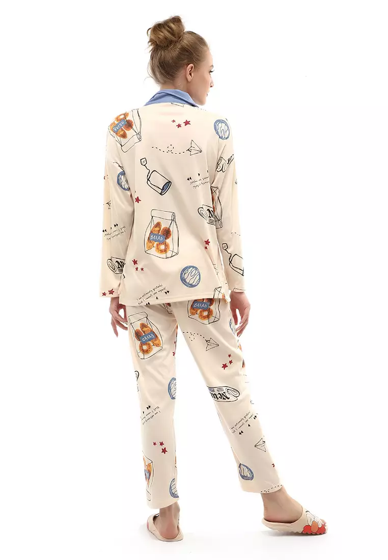 Vance Setelan Piyama Baju Tidur Wanita Lengan Panjang Motif Bear Kra Material Cotton ORIGINAL - Blue