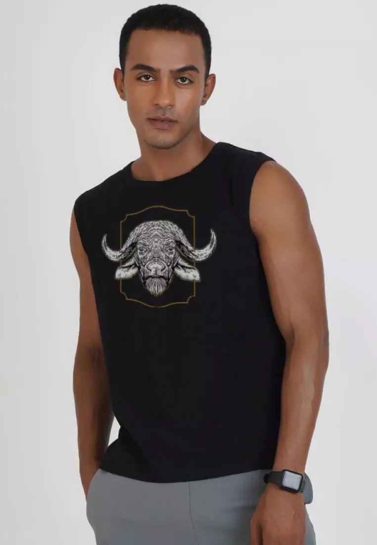 Buffalo Graphic Black Cotton Sleeveless Workout/Training Tank