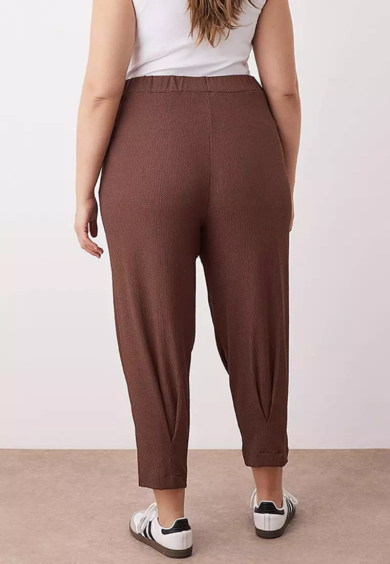 Brown Carrot Fit Elastic Waist Knitted Plus Size Trousers