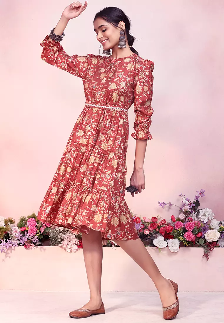 Peach Floral Print Muslin Dress With Belt