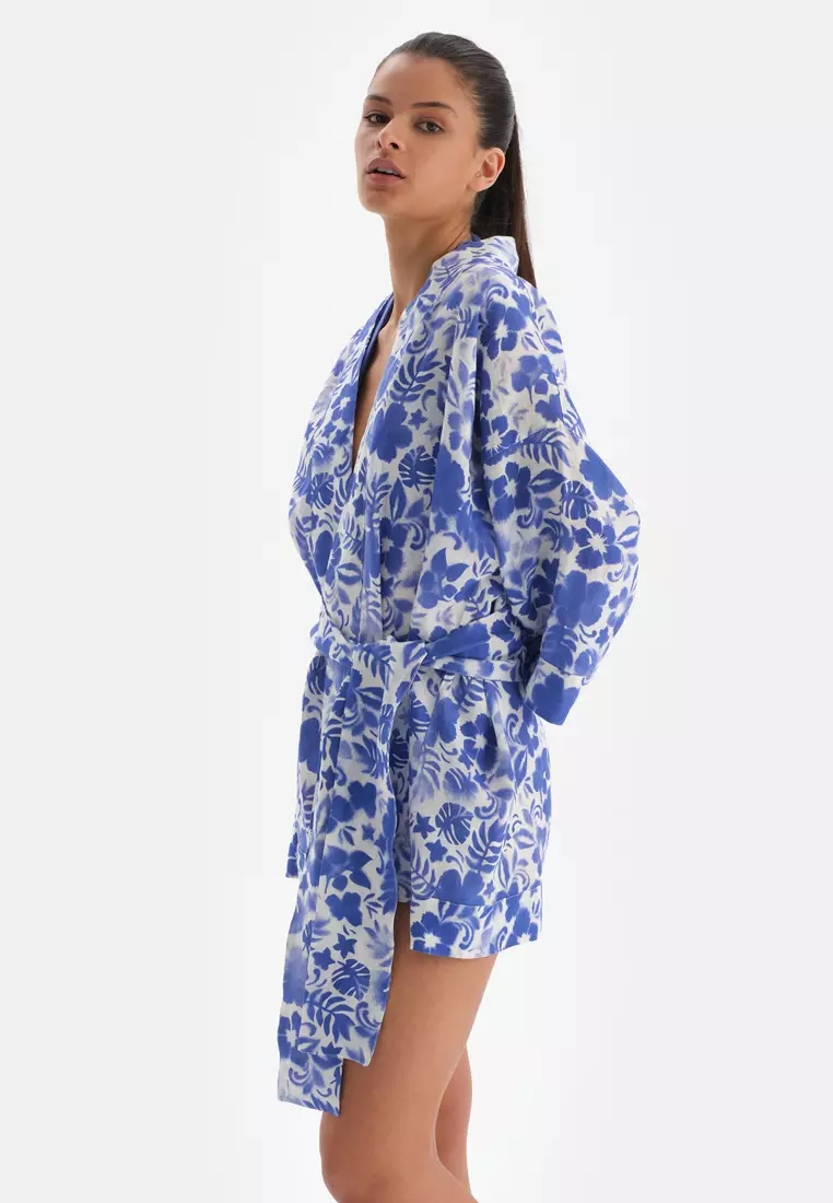 Blue - White Kimono, Floral Printed, Short Sleeve Beachwear for Women