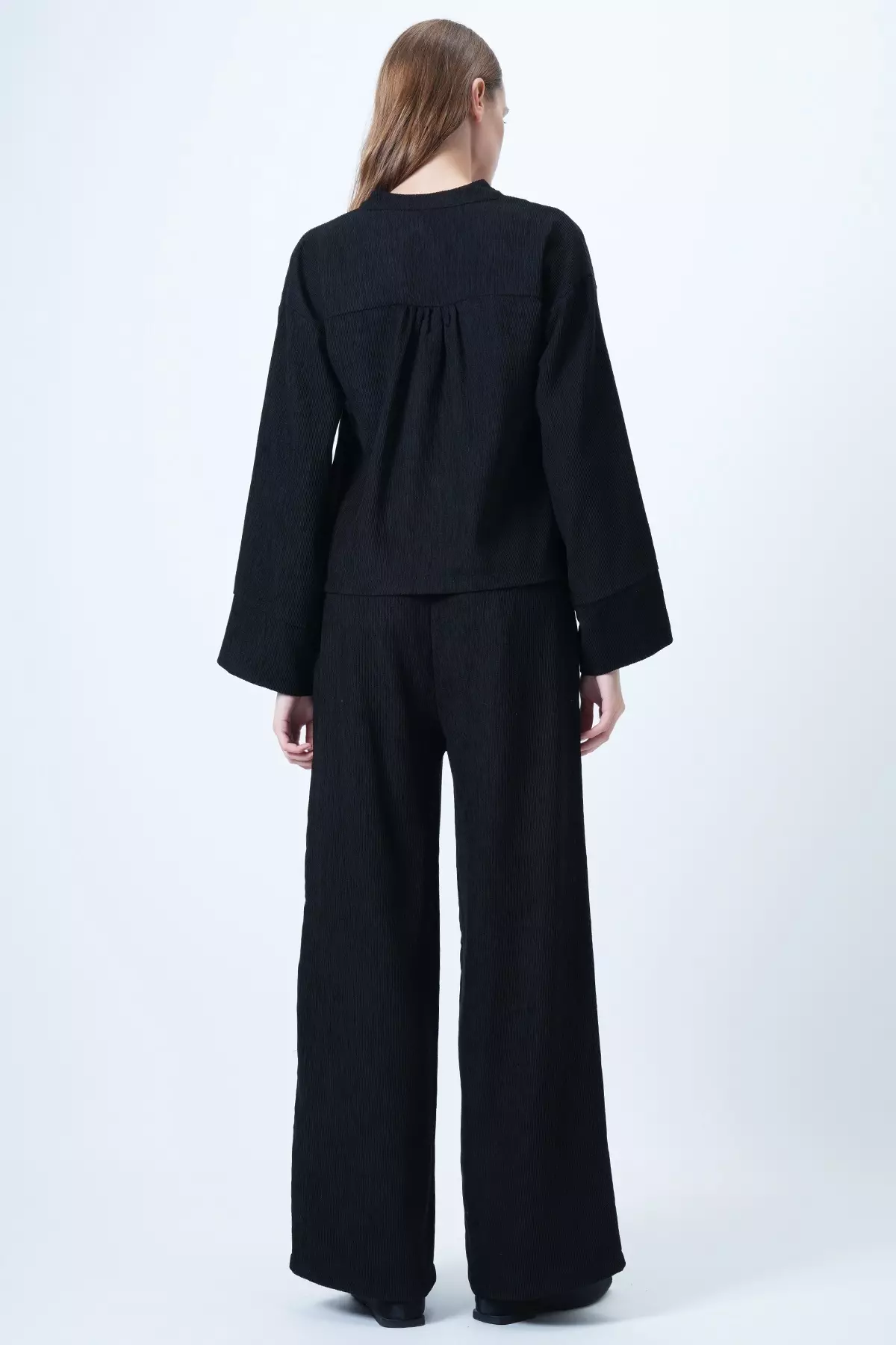 Black Judge Collar Gold Button Detailed Velvet Jacket And Palazzo Trousers Two-Piece Set Alc-X14633