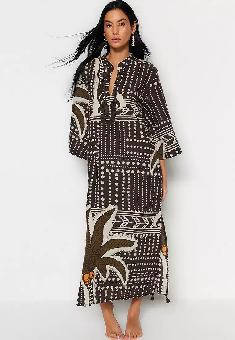 Tropical Printed Tassel Detailed Voile Kaftan