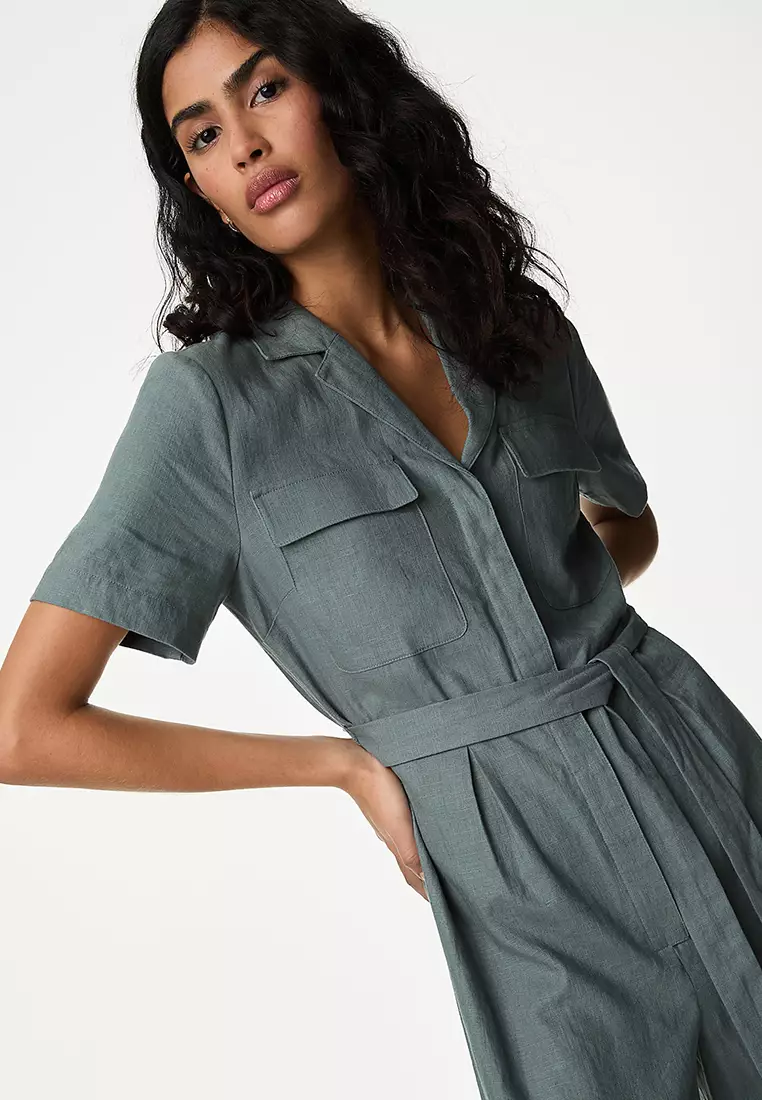 Linen Blend Belted Utility Jumpsuit
