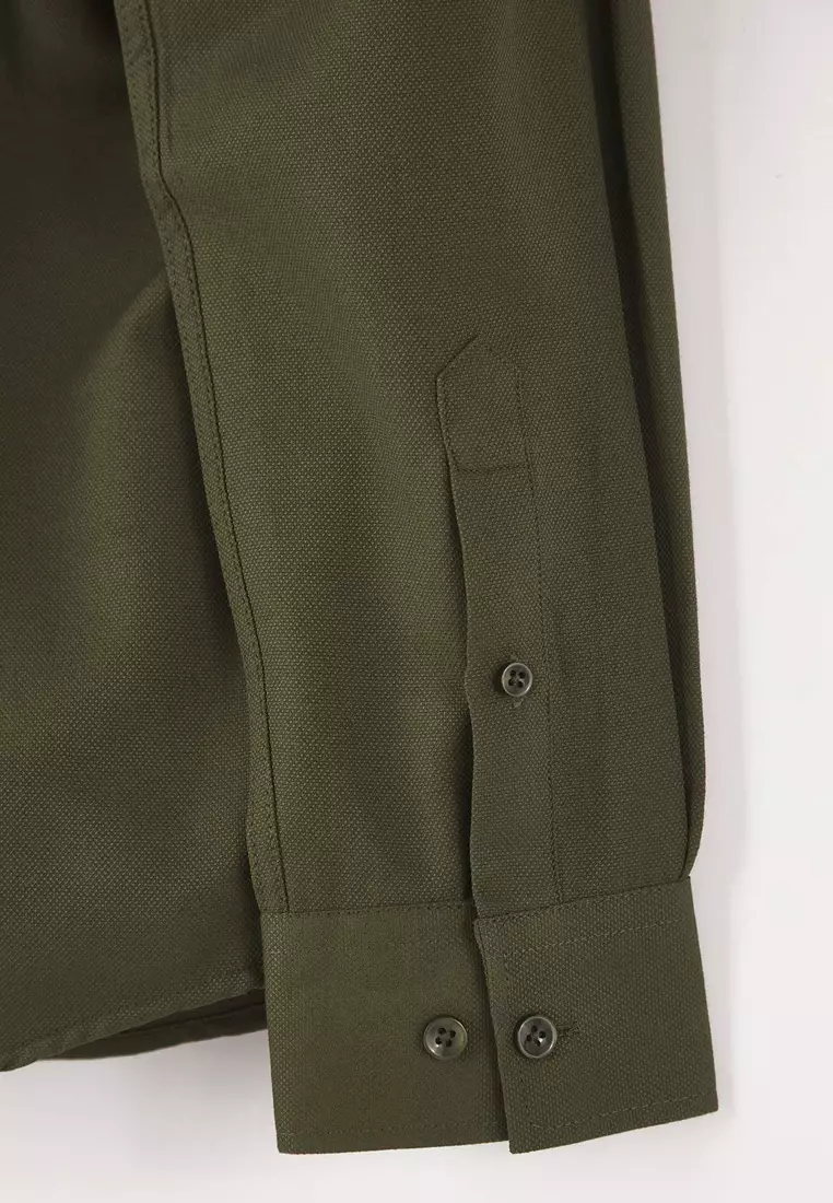 Dark Khaki Regular Fit Embroidery Detailed Oxford Easy Iron Smart Shirt