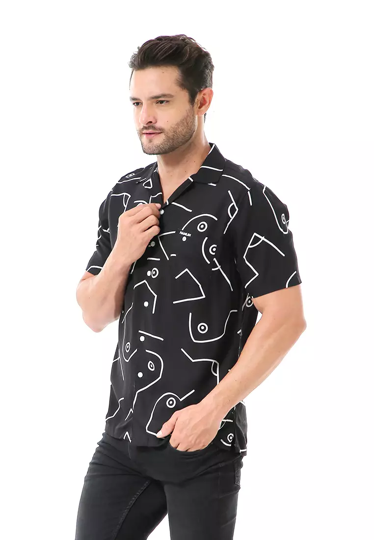 Leopold Kemeja Printing Pria Motif Abstrak Lengan Pendek Material Rayon ORIGINAL - Black
