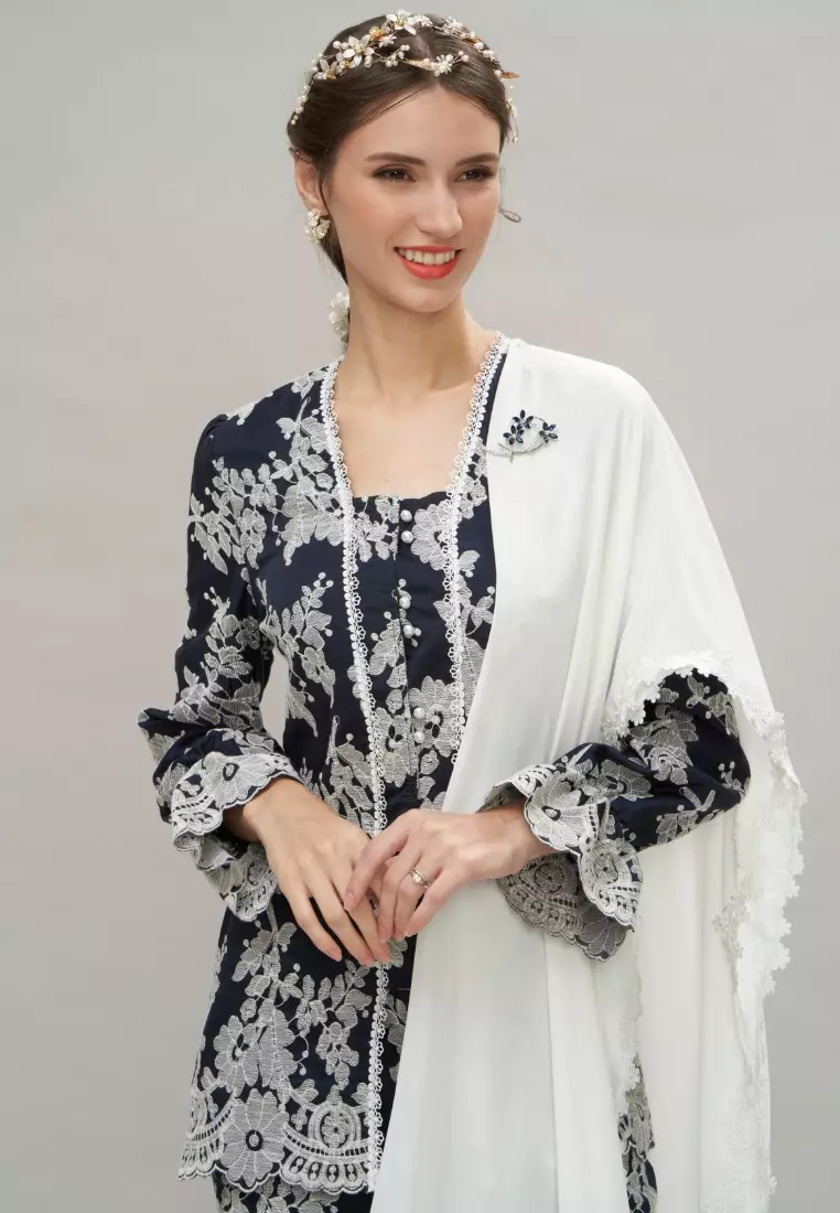 Navy Blue Silk Embroidery Puff Sleeve Kebaya Top & Maxi Skirt Hari Raya