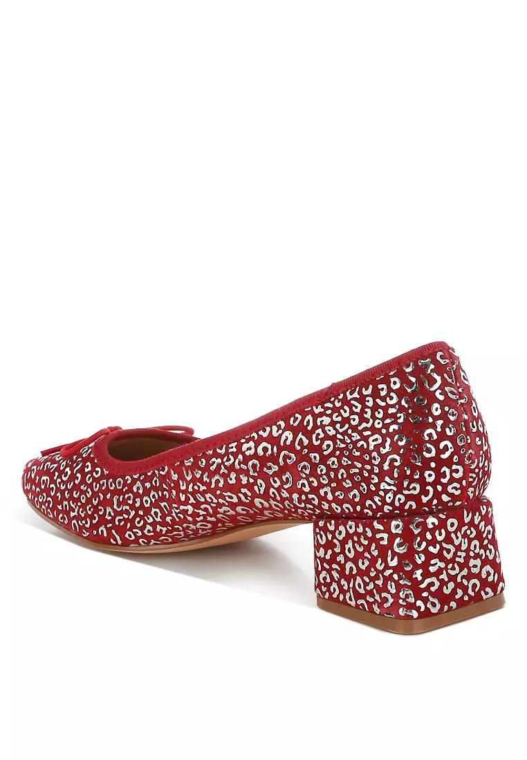 Leopard Print Block Heel Ballerinas in DK Red