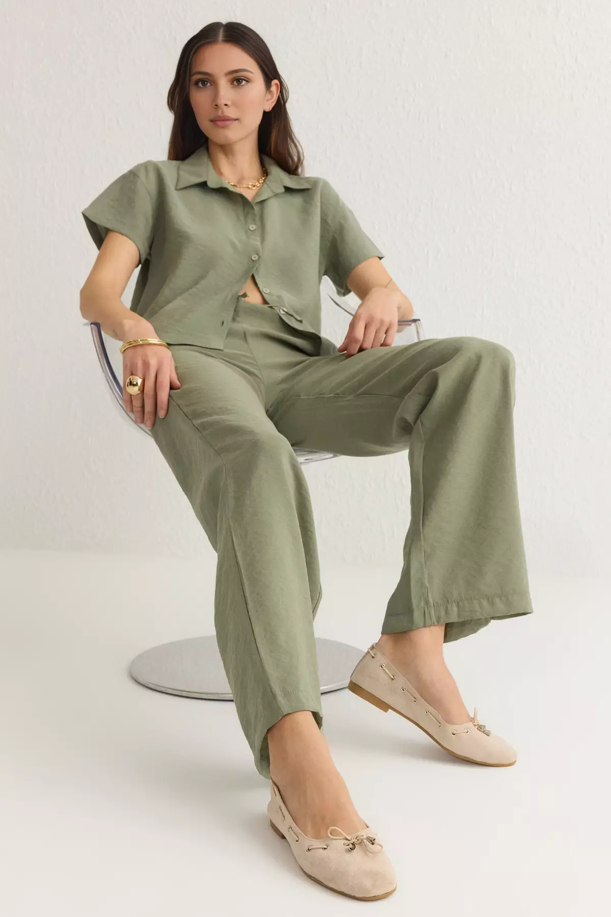 Beige Lacing Detailed Almond Toe Women's Ballerinas Takss25Be00004