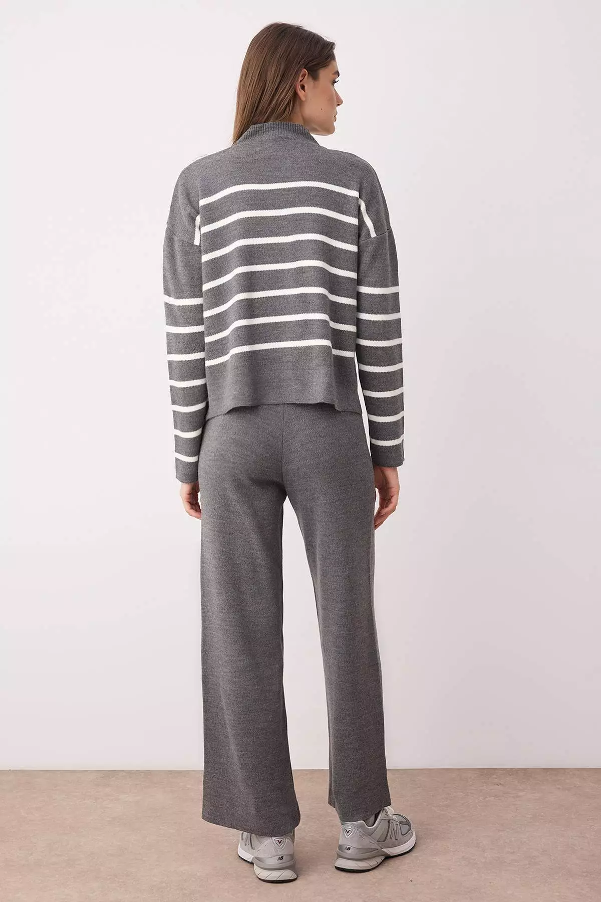 Anthracite Striped Knitwear Pant Knitwear Top And Bottom Set