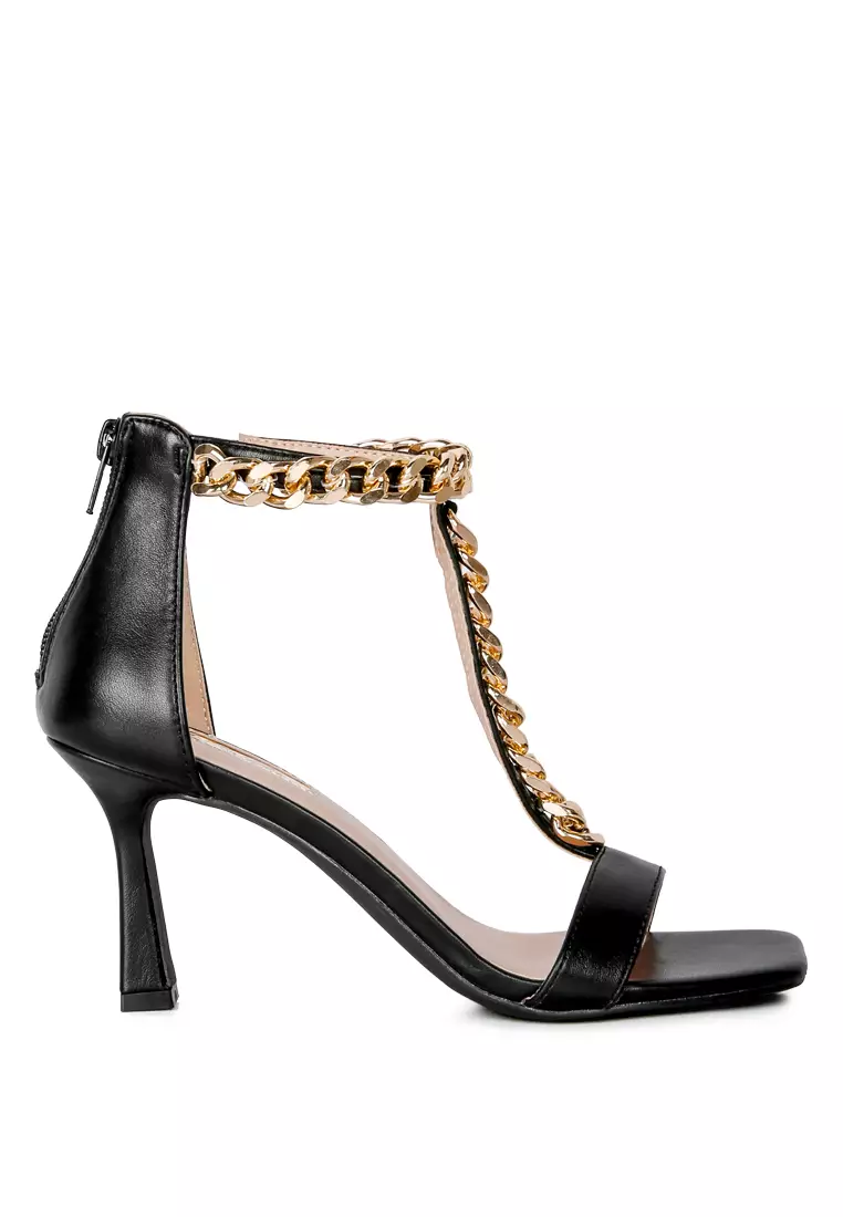 Discount on London Rag  shoes - SKU: Black Mid Heel Chain Detail T Strap Sandal