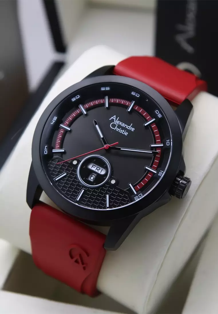 Alexandre Christie - Jam Tangan Pria - Black - Red Rubber Strap - 6656 MERIPBARE