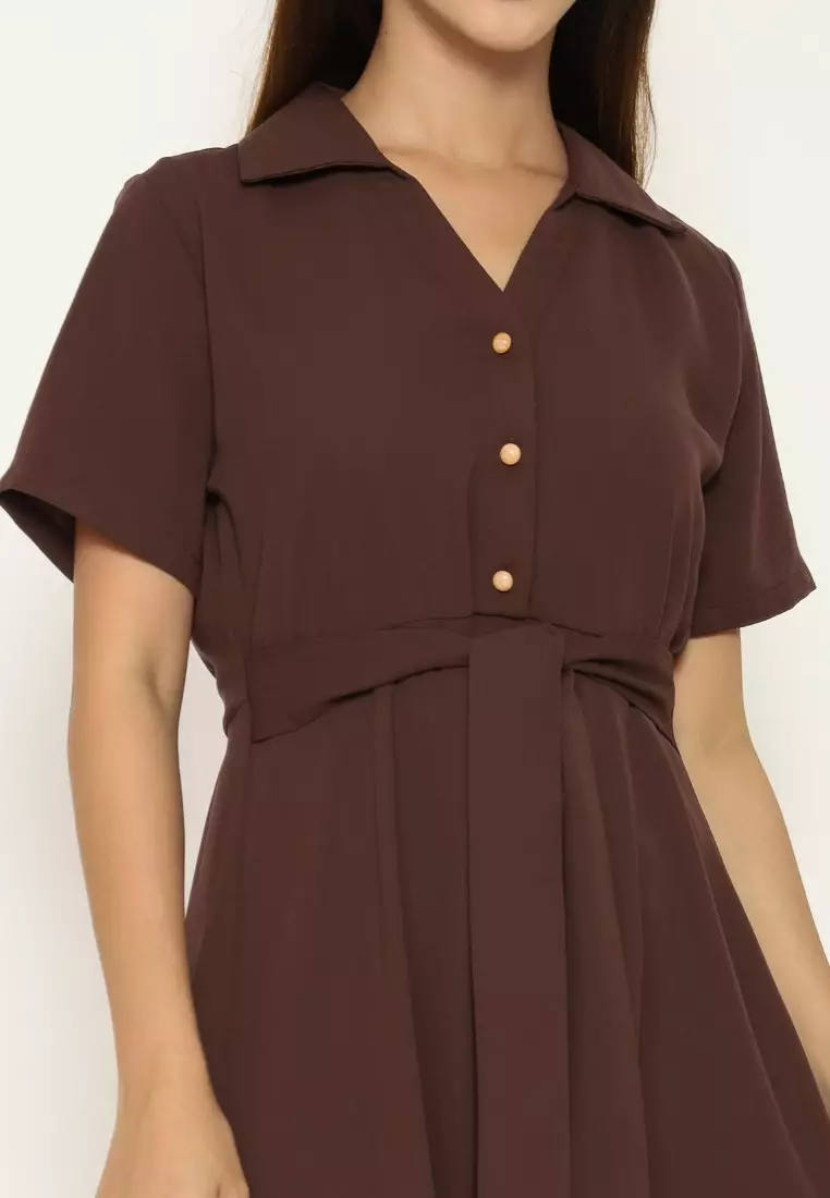 Urban Exchange Shanika Dress Brown - Midi Dress Blue Dress Coklat