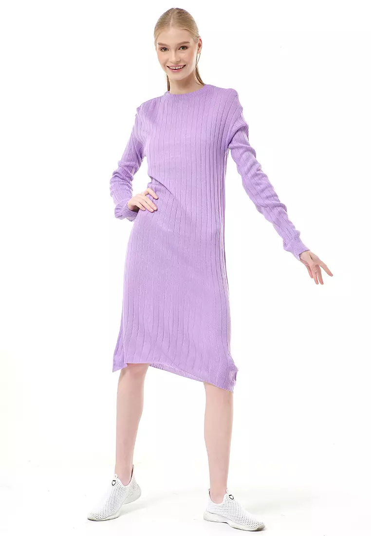 Adela Dress Rajut Tunik Wanita Motif Polos Long Sleeve Relaxed Fit - Lilac