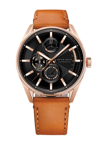 Aries Gold 褐色 Aries Gold Roadster Black, Rose Gold and Tan Leather Watch 8D4CBAC7760C8FGS_1