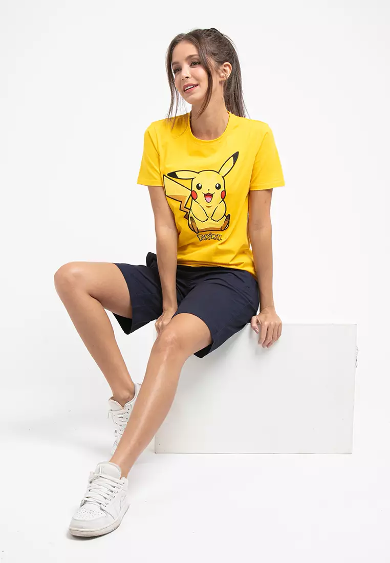 Forest X Pokemon Ladies Coral Fleece Textured Embroidered Pikachu Round Neck Tshirt Women - FP821000-65Yellow