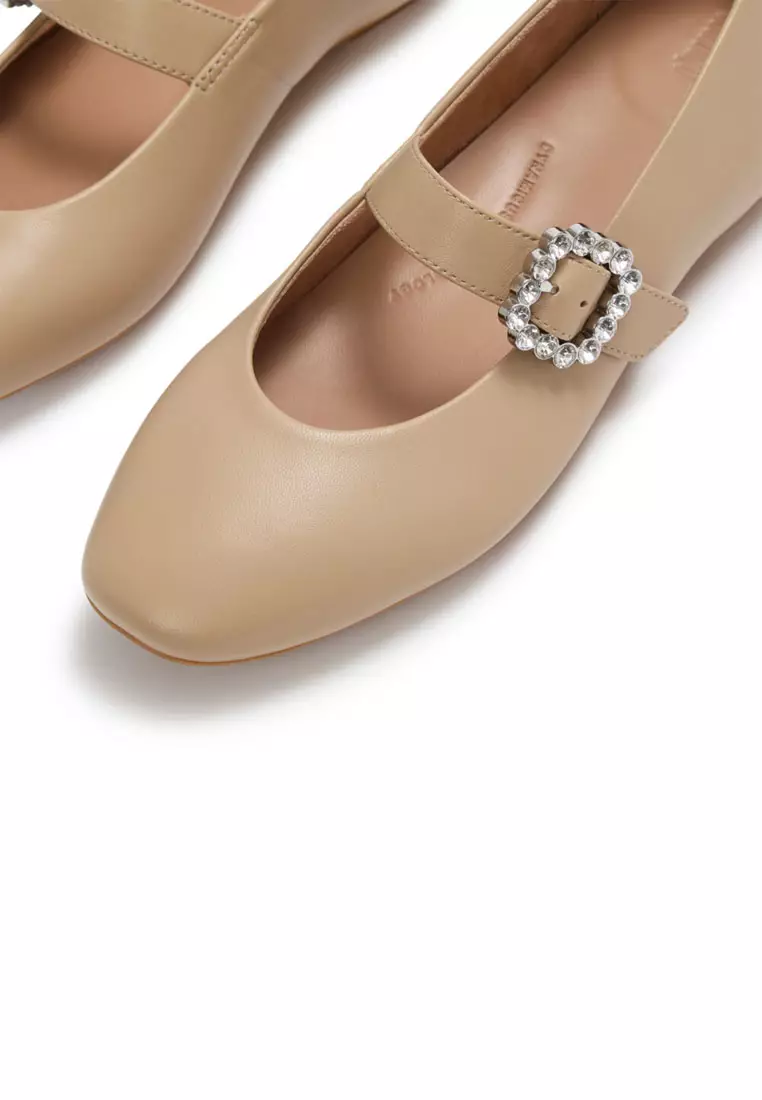 DELICATO Women's Crystal-Buckle Leather Mary Janes  - Cappuccino (E3J-923)