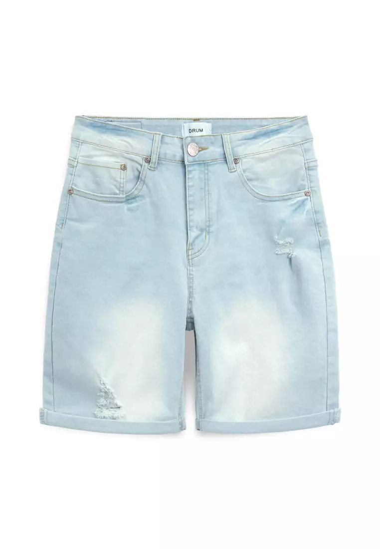 DRUM Classic Ripped Details Short Jeans-Light Blue