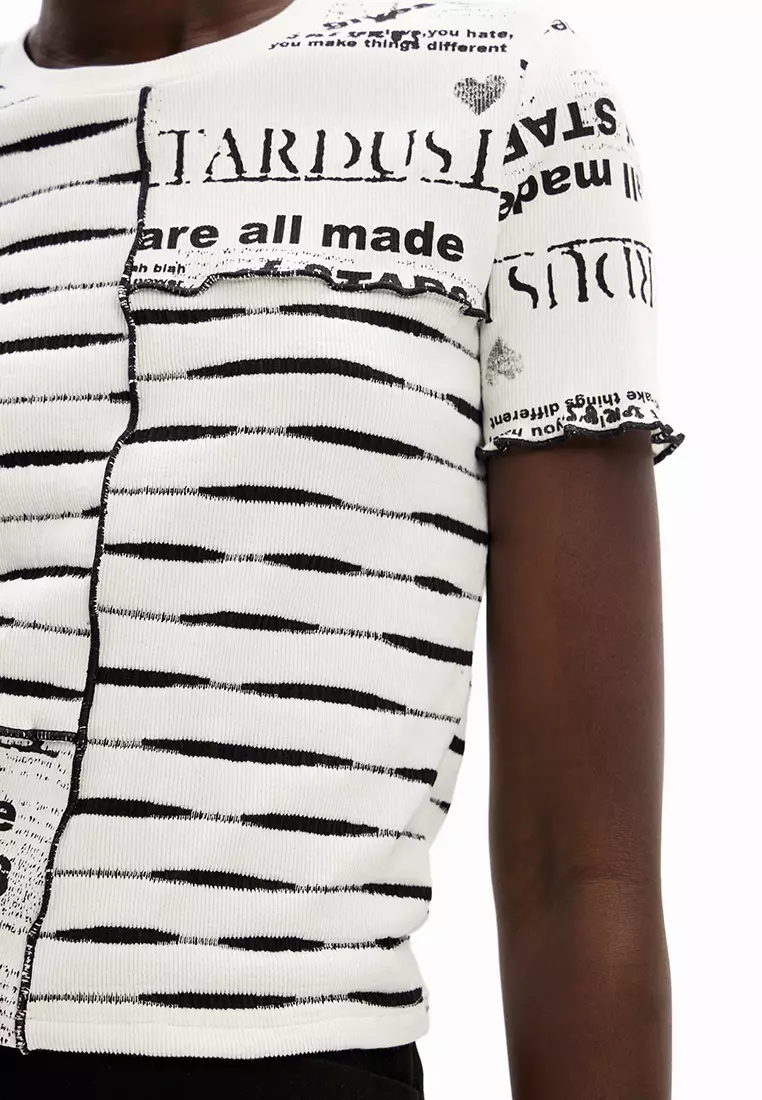Desigual Woman Striped patchwork newspaper T-shirt.