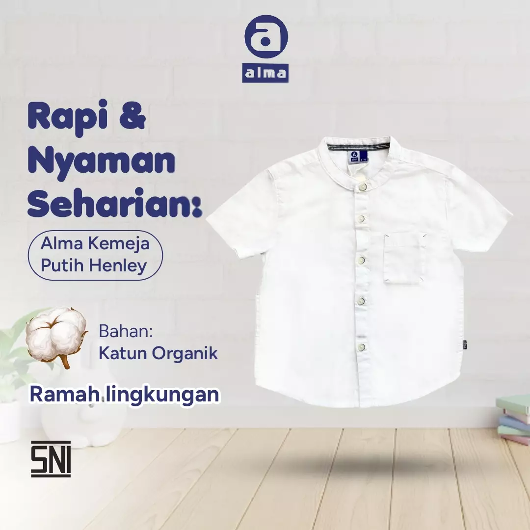 Alma Kids Kemeja Henley koko putih full cotton kerah bundar