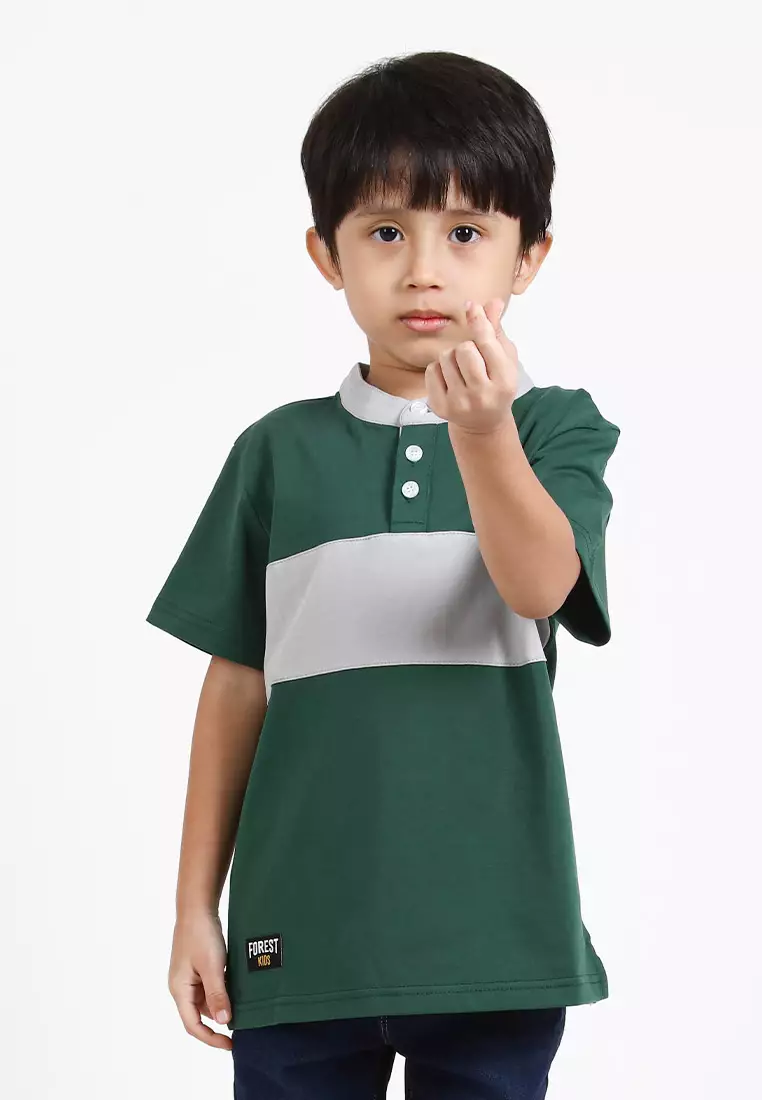 Forest Kids Premium Weight Cotton Stretchable Mandarin Collar T Shirt Men | T Shirt Baju Budak Lelaki - FK20170-40DkGreen