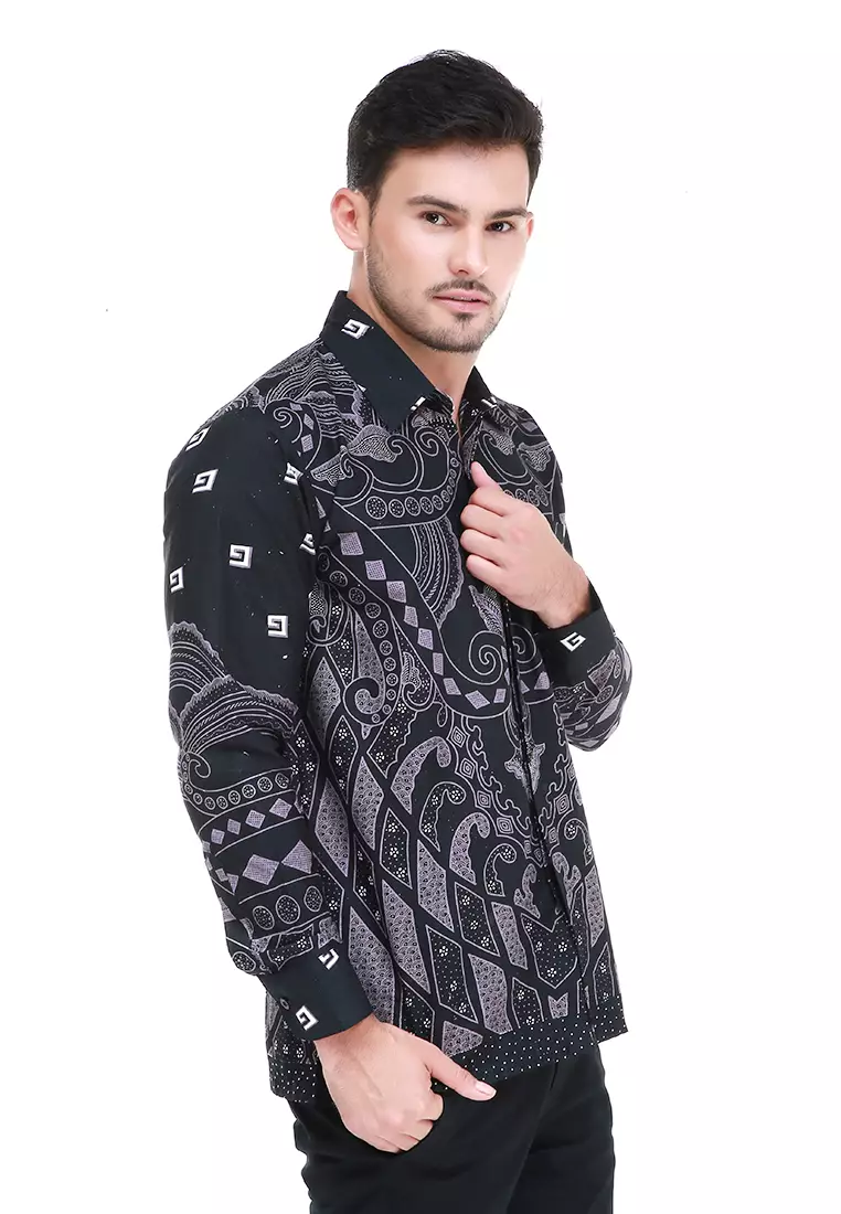 Dwan Kemeja Batik Pria Unique Motives Atasan Formal Longsleeve Shirt Material Cotton ORIGINAL - Black