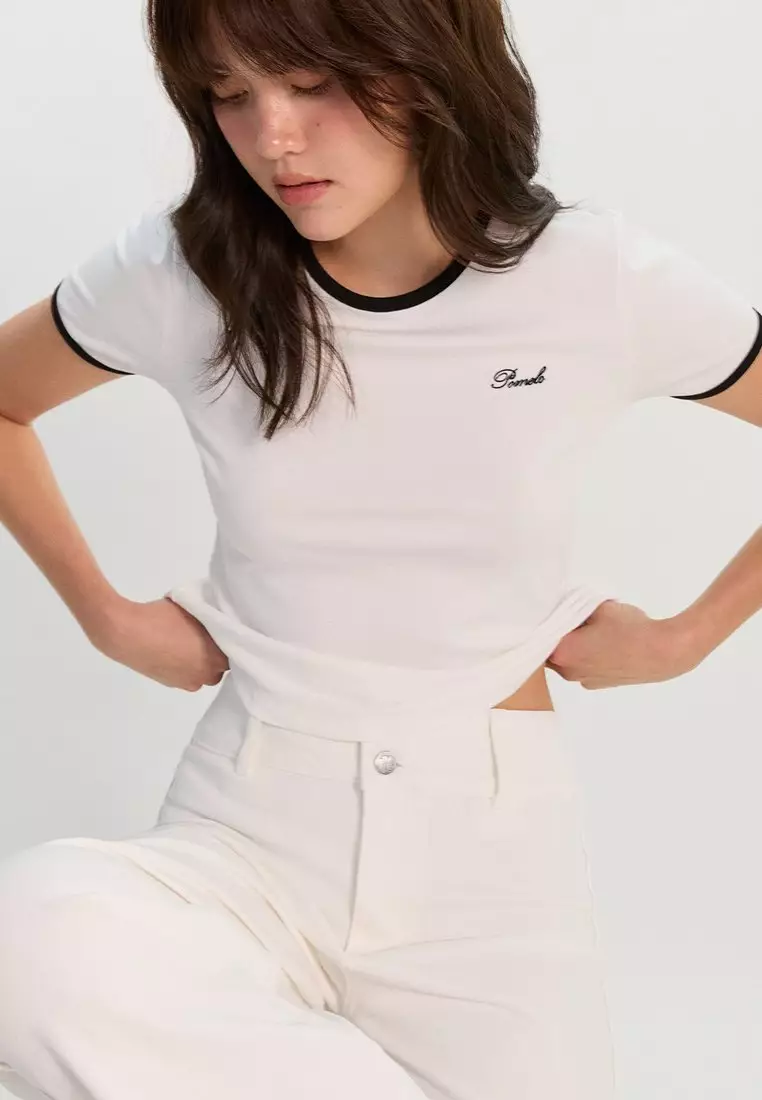 Contrast Trim Fitted Tee - Off-White