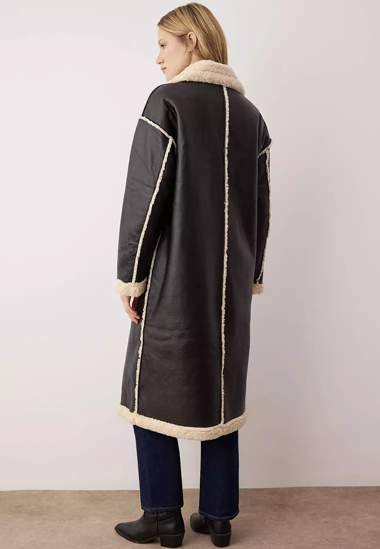 Black Double-Sided Plush Mono Closure Oversize Long Faux Leather Coat