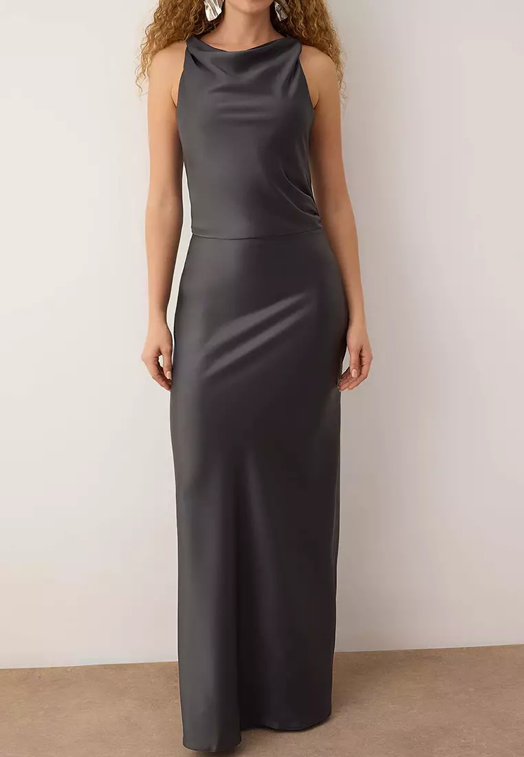 Anthracite Bodycon Woven Satin Maxi Evening Dress & Graduation Dress Tprss25Ae66