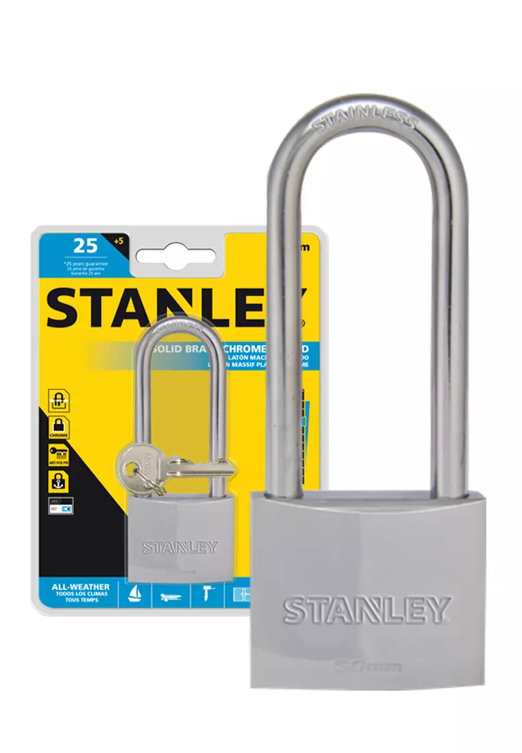 Stanley Solid Brass Padlock Chrome Plated with Long Shackle 50mm Heavy Duty  Security Chrome Padlock