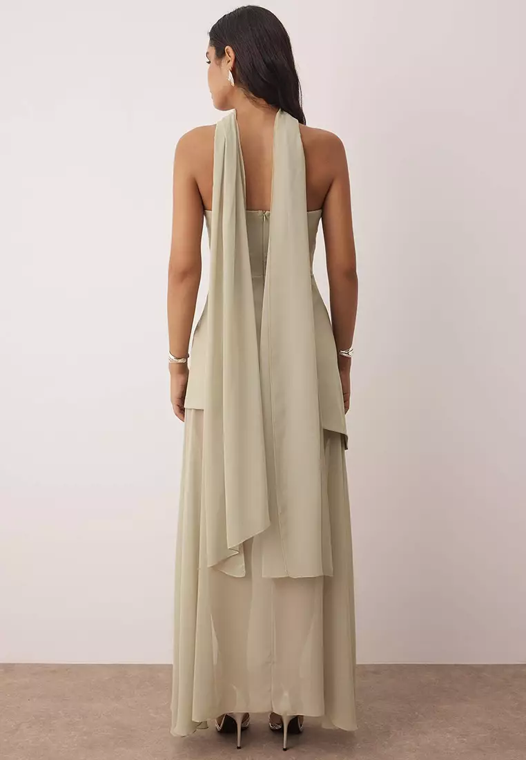 Mint Shawl Detailed Woven Maxi Evening & Graduation Dress