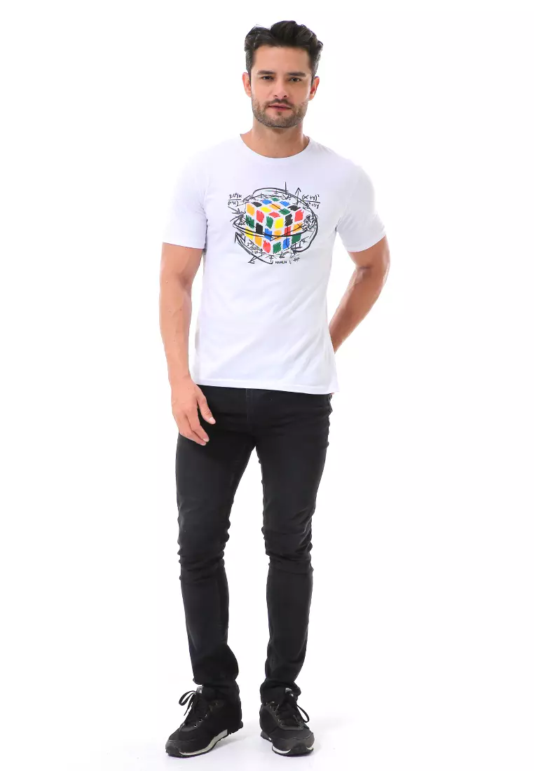 Aisley Atasan Kasual Pria Kaos Basic Lengan Pendek Motif Rubix Material Cotton ORIGINAL - White