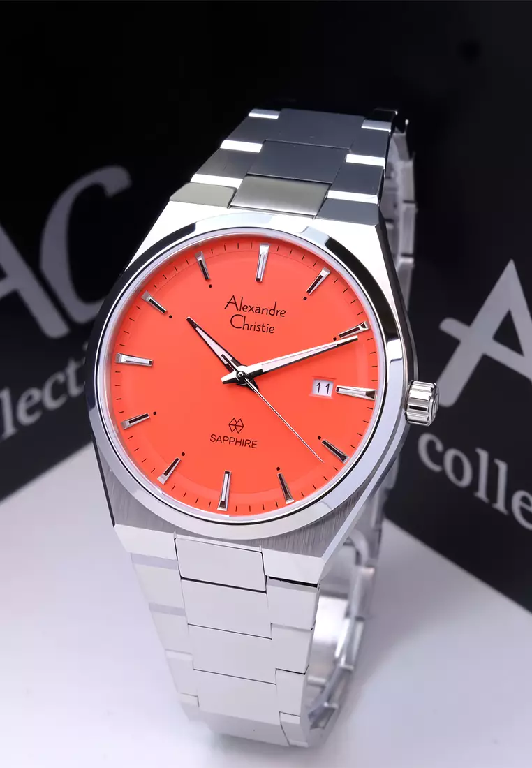 Alexandre Christie Sapphire Glass Jam Tangan Analog Pria Silver Orange Stainless Steel - 8697 MDBSSOR
