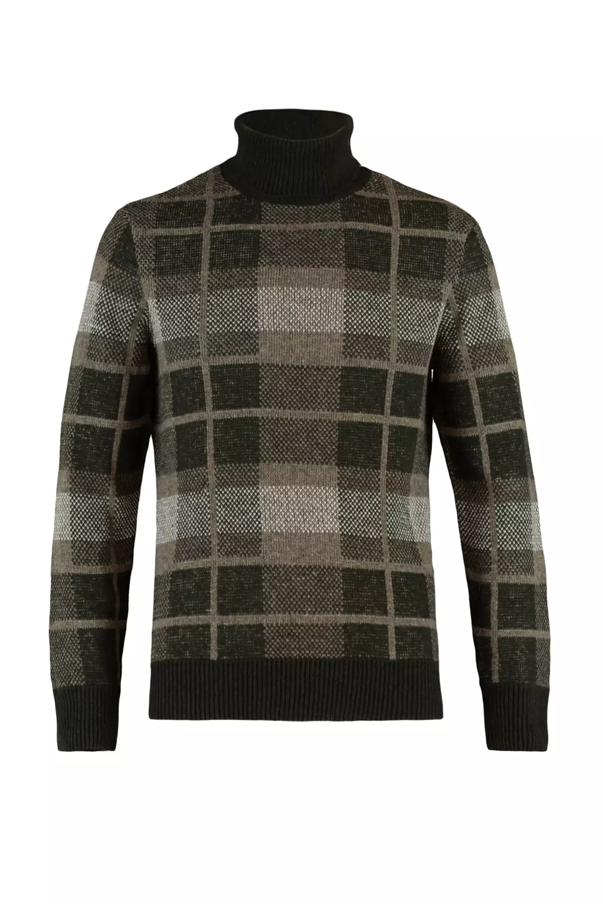 Slim Fit Turtleneck Plaid Knit Sweater