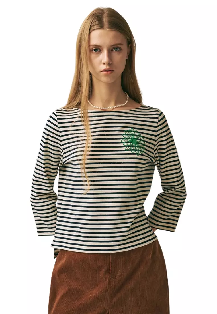 Slim Tshirt 3/4 Sleeve Stripe - Ivory Green