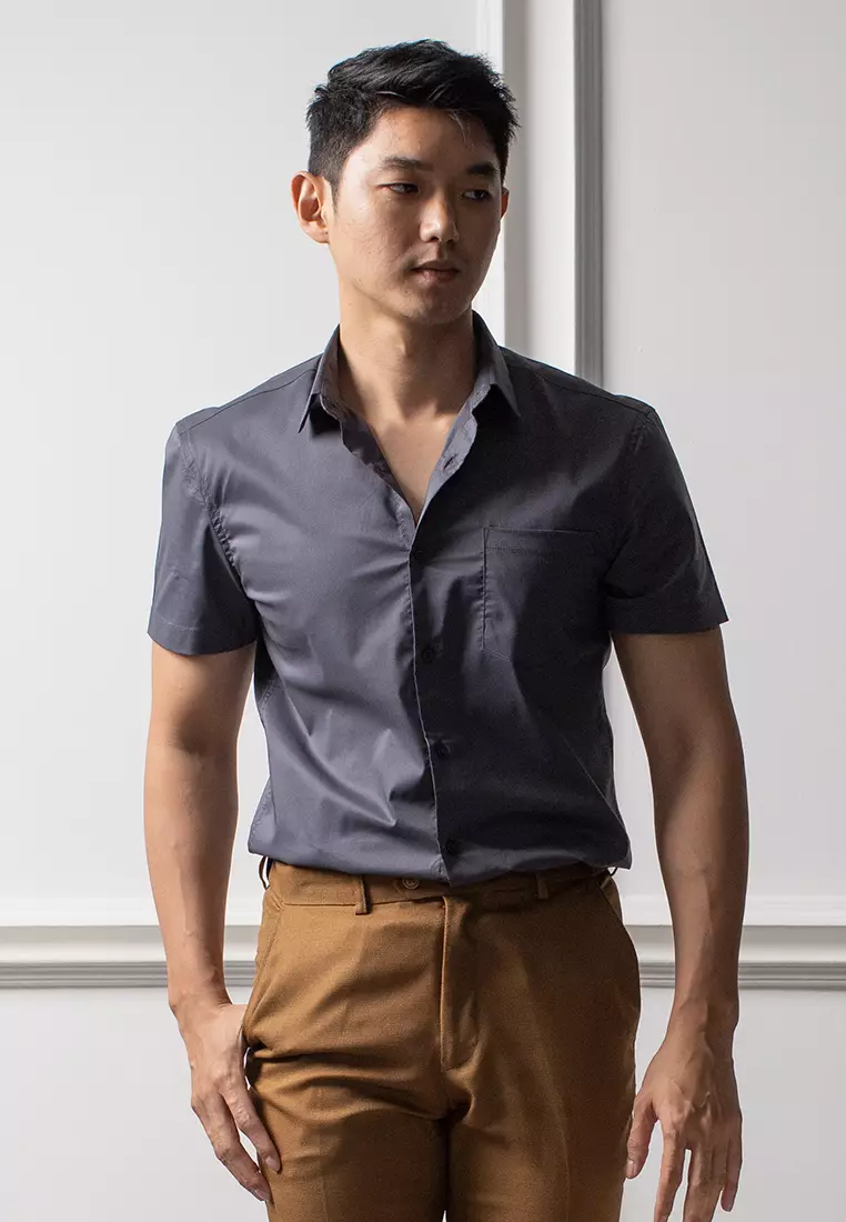 Kemeja Tangan Pendek Formal Stretch Oxcon Charcoal Grey