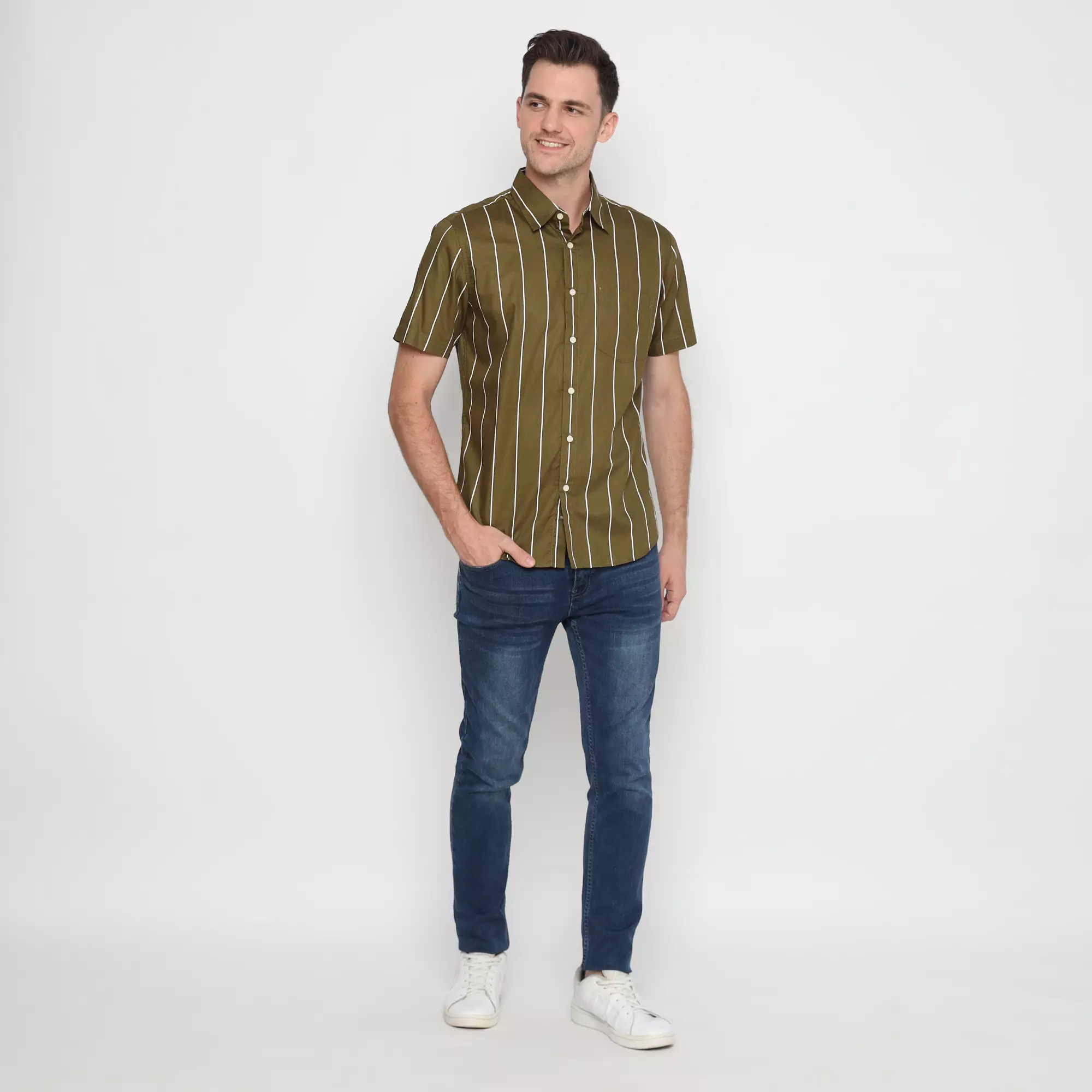 Platini Kemeja Salur Pria Lengan Pendek Katun Hijau 73424