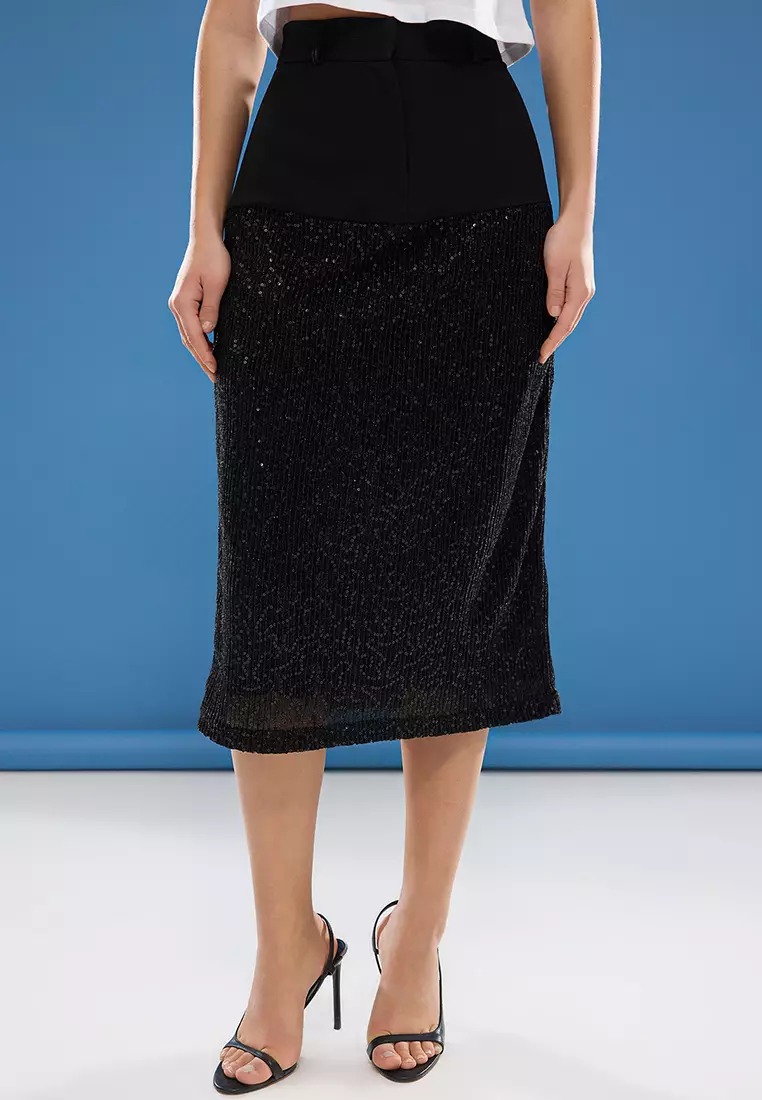 Buy Trendyol Black Sequin Detail Midi Weaving Stylish Skirt 2025