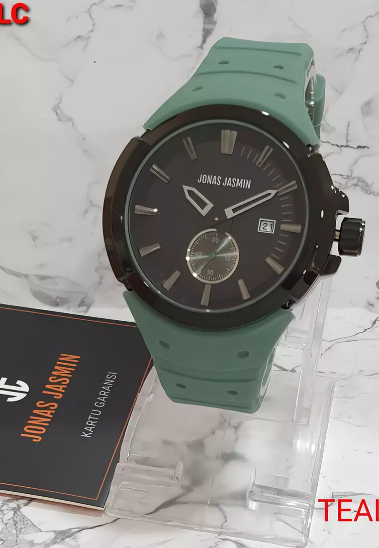 Jonas Jasmin - Jam Tangan Analog Pria - Black - Teal Rubber Strap - JJ5304M-BLC