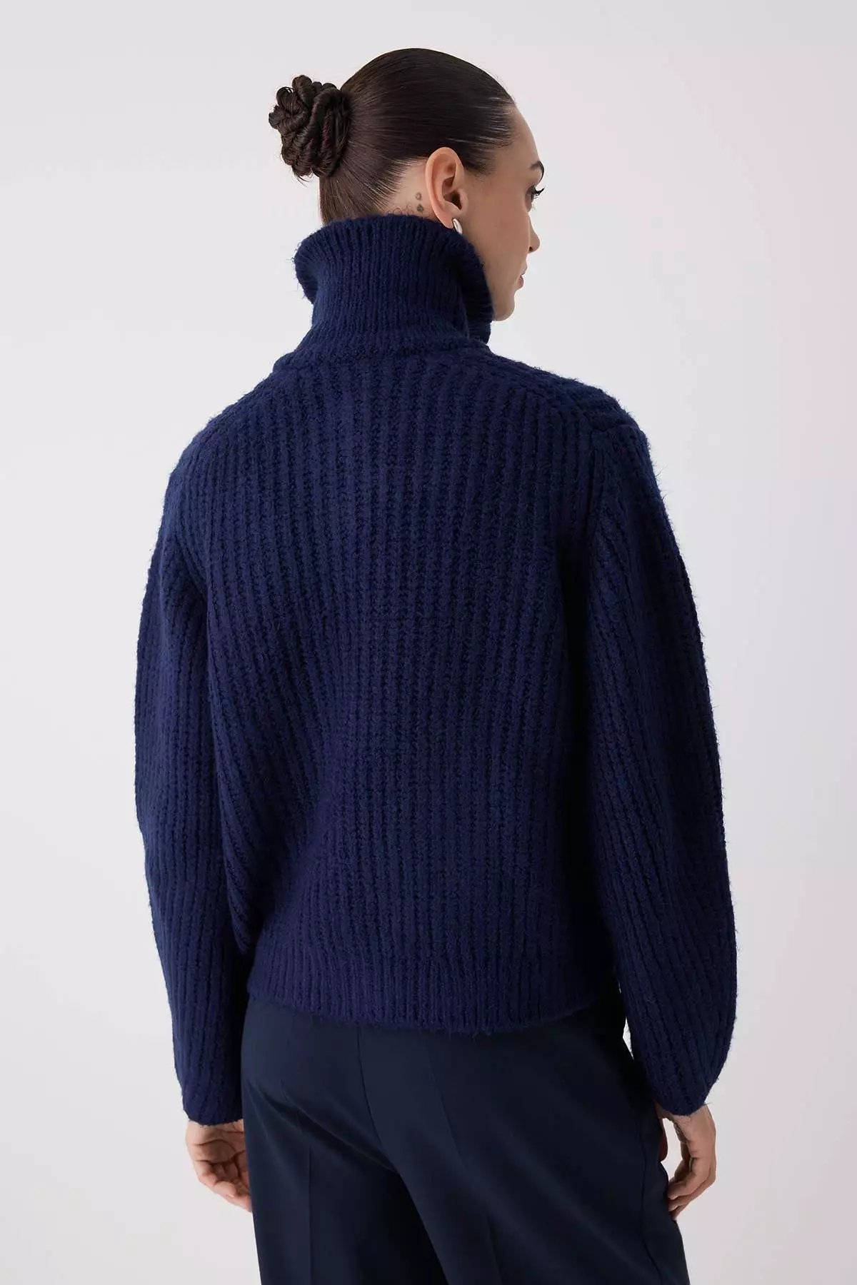 Navy Blue Zipper Detailed Soft Textured Wide Fit Turn Down Collar Knitwear Cardigan