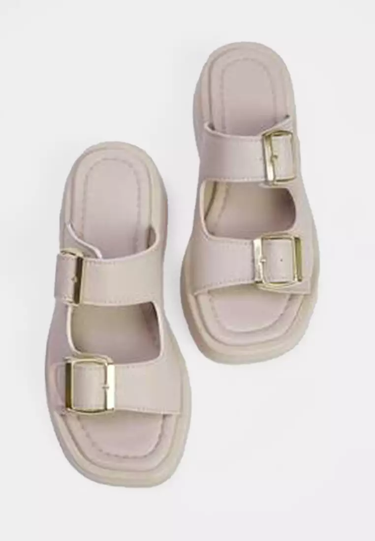Beige Double Banded Buckle Detailed Thick Sole Women's Slippers Takss25Te00044