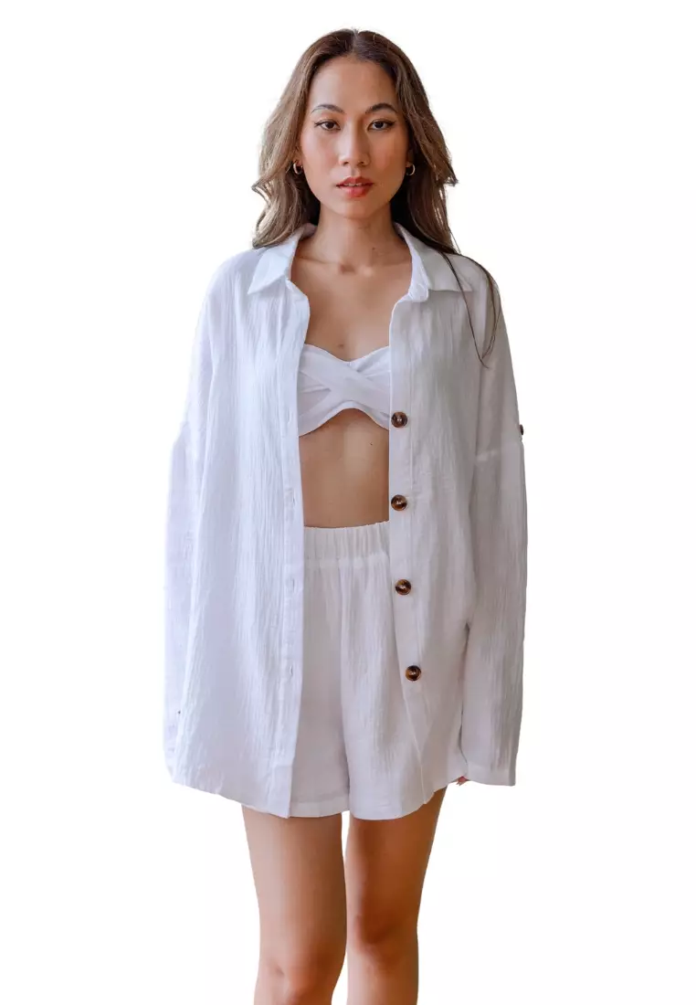 White button discount up shorts