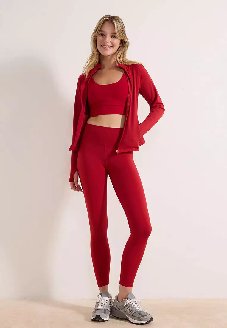 Red Soft Brushed Fabric Reflector Print Detailed Full Length Knitted Sports Leggings Thmaw25Ty2