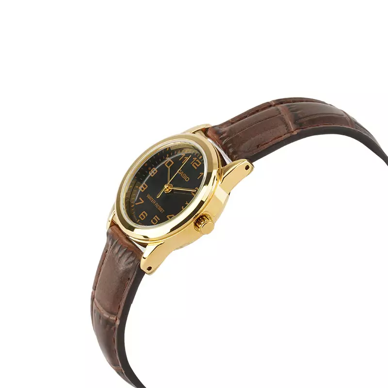 Jam Tangan Wanita Analog Casio Standard LTP-V001GL-1BUDF LTPV001 LTP-V001G Ladies Black Dial Brown Leather Band