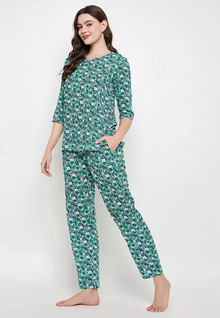 Clovia Floral Print Top & Pyjama Set in Dark Green- Rayon