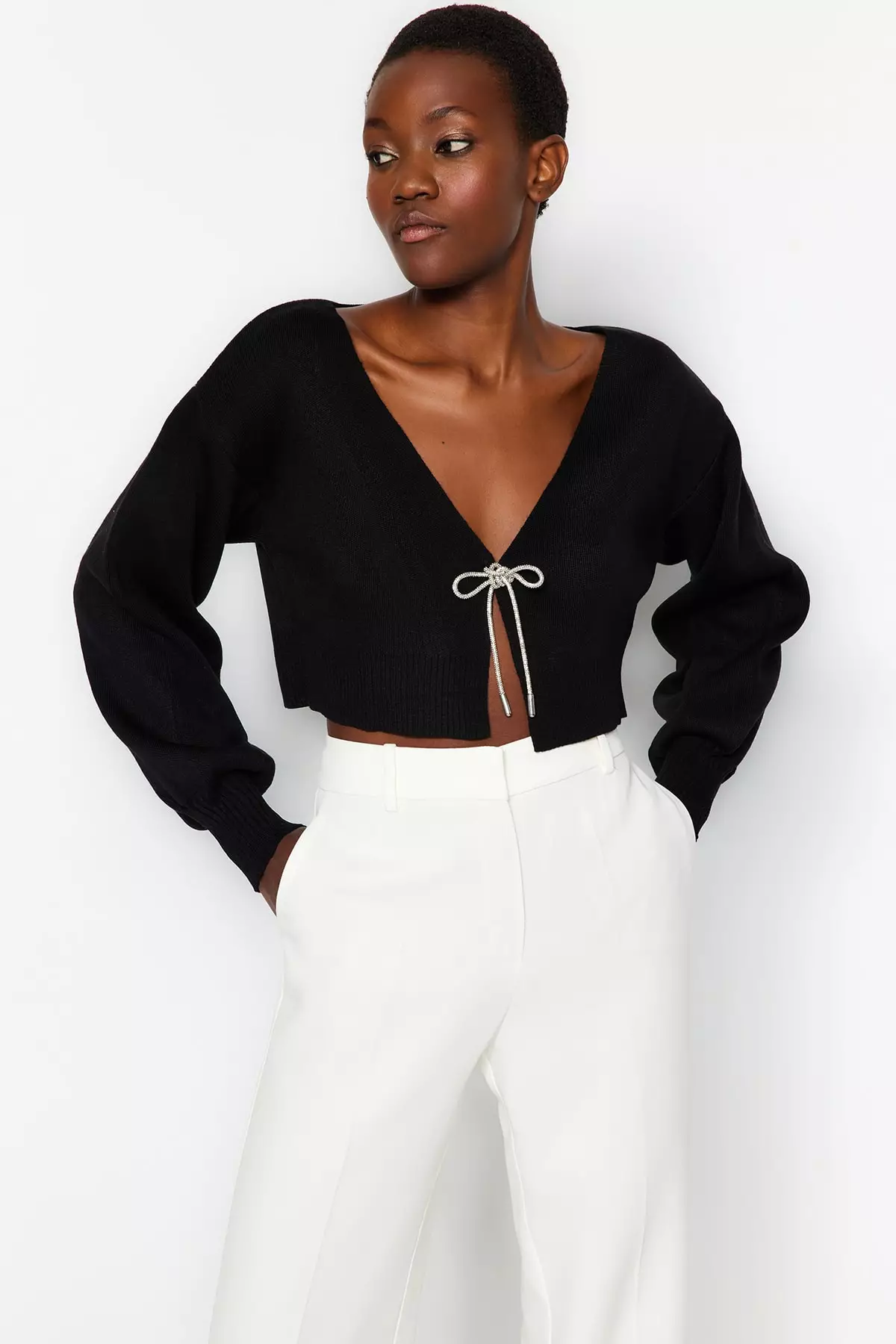 Black Super Crop Basic Bow Knitwear Cardigan Twoaw24Hi00315