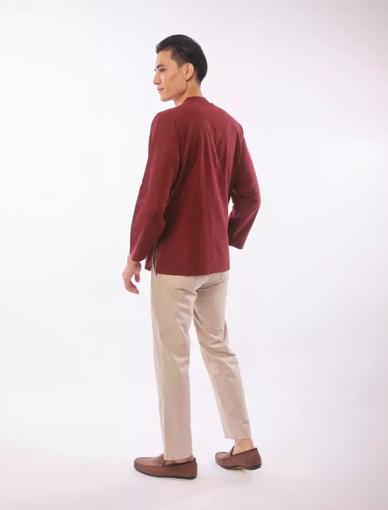 East India Company - Mahfuz Men Regular Fit Long Sleeve embraided Shirt Maroon Embroidered Shirt Maroon